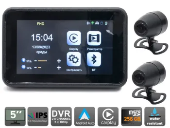 Двухканальный видеорегистратор AVS305DVR для мотоцикла с функцией CarPlay