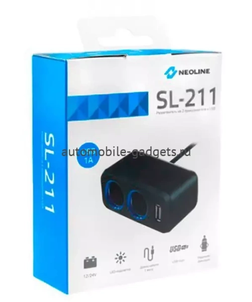 Разветвитель Neoline SL-211 на 2 розетки 1 USB с кабелем